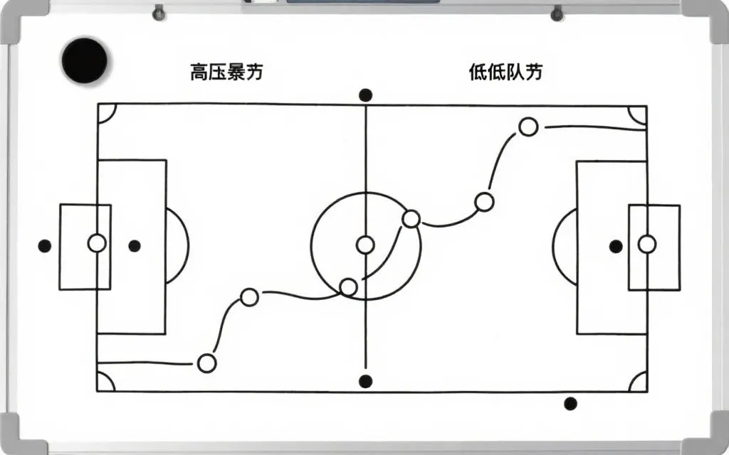 足球战术板：高位压迫、低位防守与定位球路线示意
